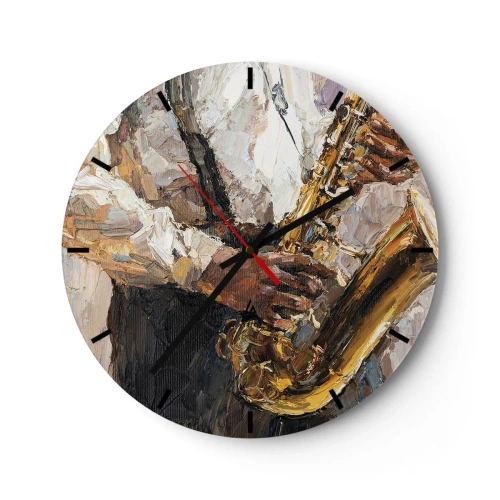 Väggklocka - Klocka på glas - En konstnärlig målning som visar en musiker som spelar saxofon - 30x30cm - Dags för solo - Modern väggdekoration för vardagsrum, kök och sovrum ARTTOR