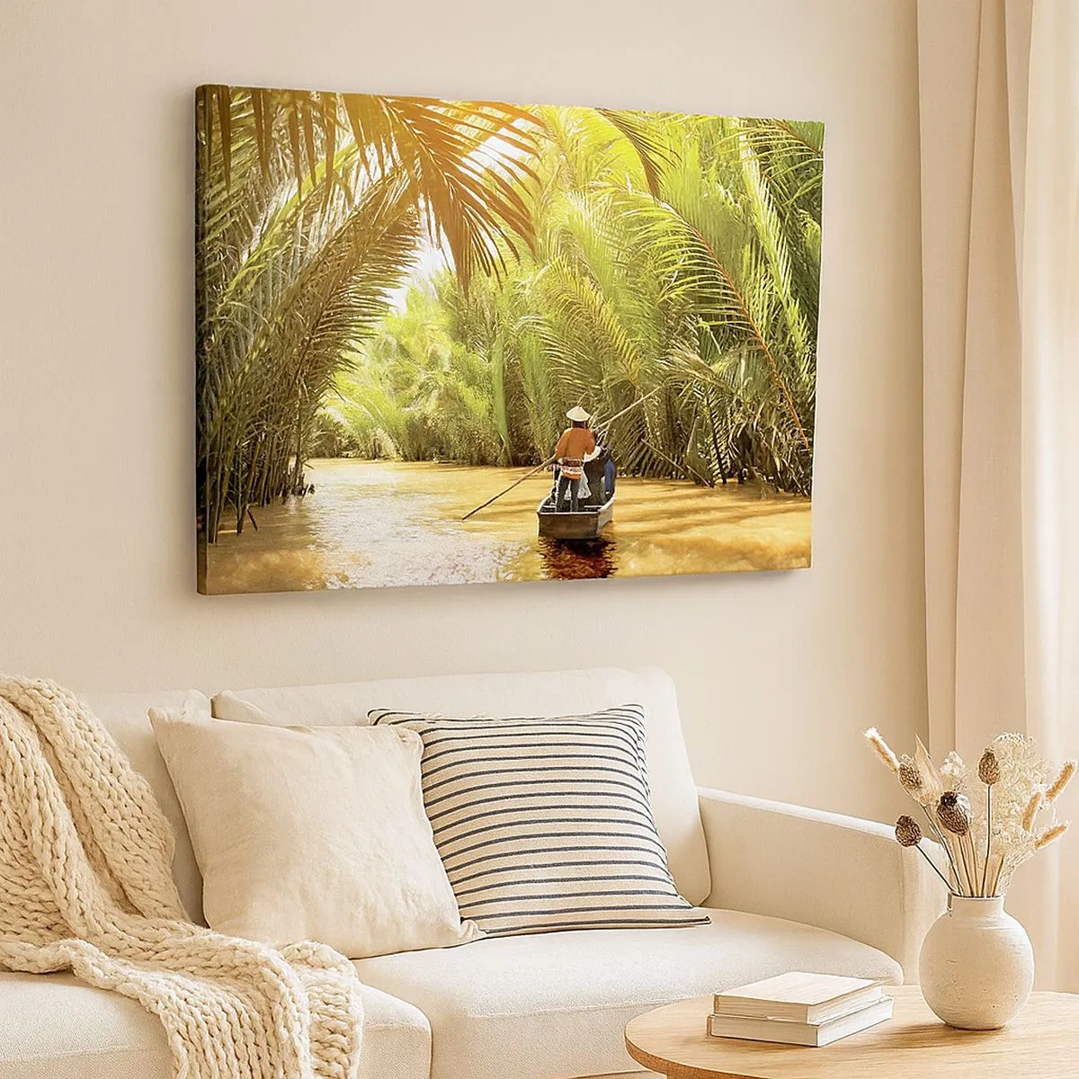 Canvastavla - Bild på duk - En båt på en flod omgiven av tropisk vegetation - 70x50cm - Genom en palmravin - Modern väggdekoration för vardagsrum och sovrum ARTTOR