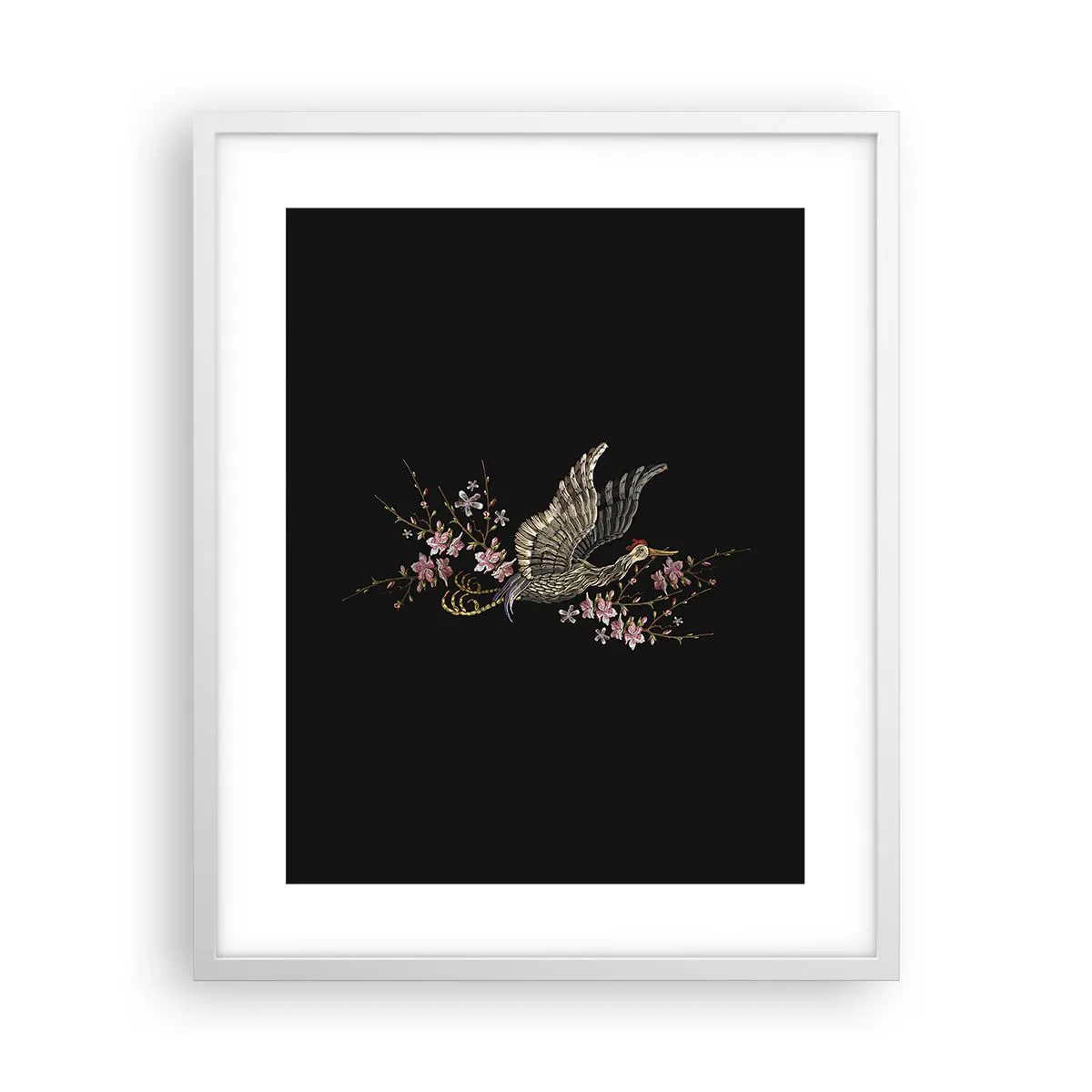 Affisch i vit ram - Exotisk, broderad fågel - 40x50 cm