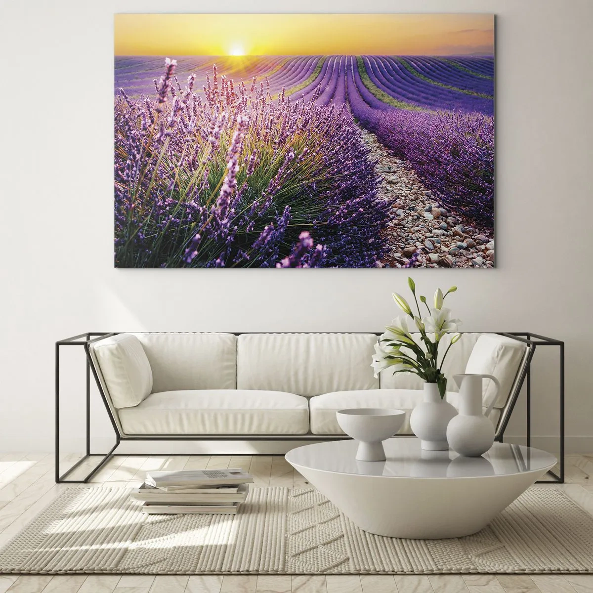 Glastavla - Bild på glas - Lavendelfält vid soluppgången med en stenig stig - 70x50cm - Doftande åkermark - Modern väggdekoration för vardagsrum och sovrum ARTTOR
