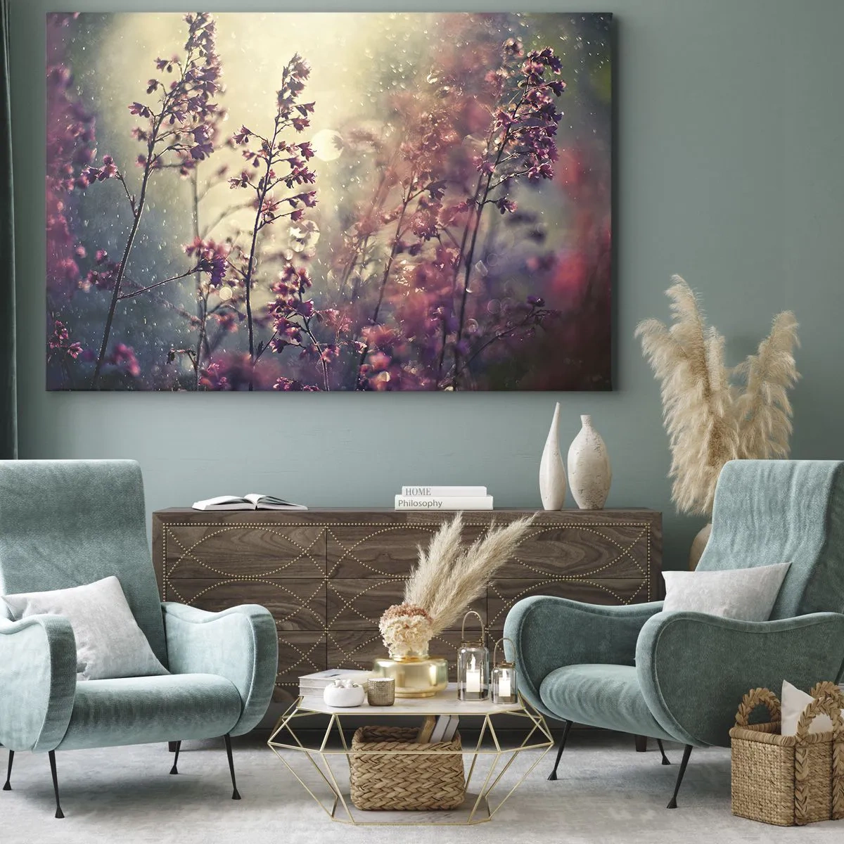 Canvastavla - Bild på duk - Blommor i solljus mot naturens bakgrund - 70x50cm - Hemlighetsfull trädgård - Modern väggdekoration för vardagsrum och sovrum ARTTOR