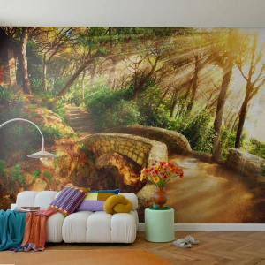 Självhäftande Fototapet Deluxe Sticker - Från bron till sagoskogen - Landskap, Stentrappa, Solens strålar - 250x175 cm