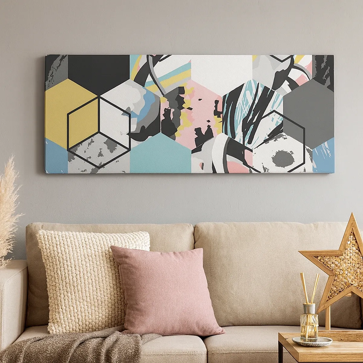 Canvastavla - Bild på duk - Sexkanter och kuber i sex färger - 30x30 cm