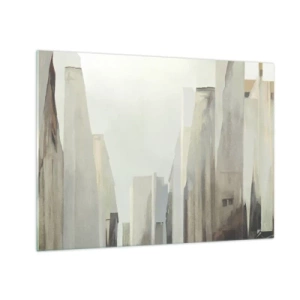 Glastavla - Bild på glas - En abstrakt vision av urbana byggnader i en dämpad palett - 70x50cm - En dröm om staden - Modern väggdekoration för vardagsrum och sovrum ARTTOR