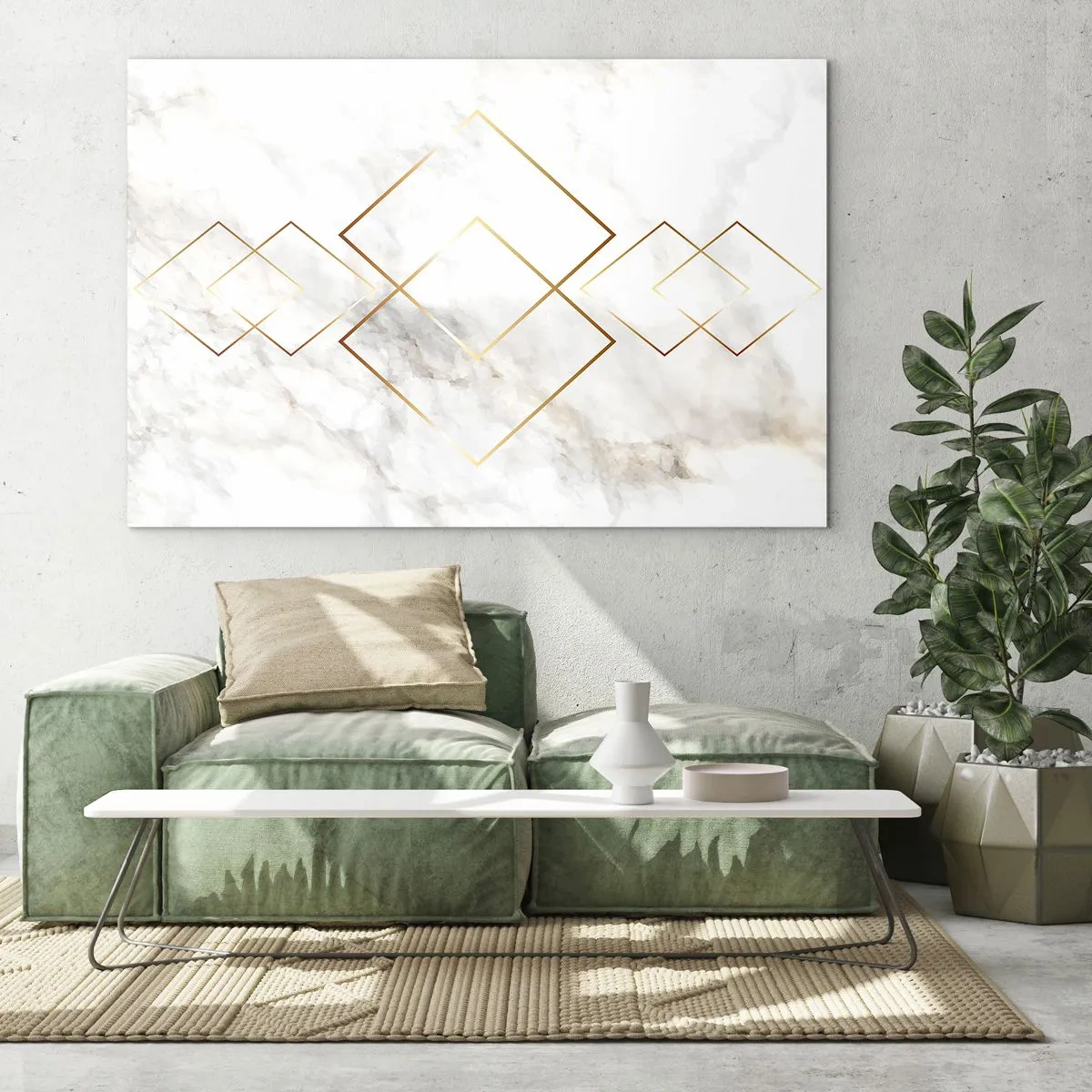 Glastavla - Bild på glas - Geometriska gyllene romber på en vit marmorbakgrund - 70x50cm - Utsikt över oändlighet - Modern väggdekoration för vardagsrum och sovrum ARTTOR