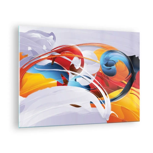 Glastavla - Bild på glas - En abstrakt komposition av färgglada former och linjer. - 70x50cm - Elementens dans - Modern väggdekoration för vardagsrum och sovrum ARTTOR
