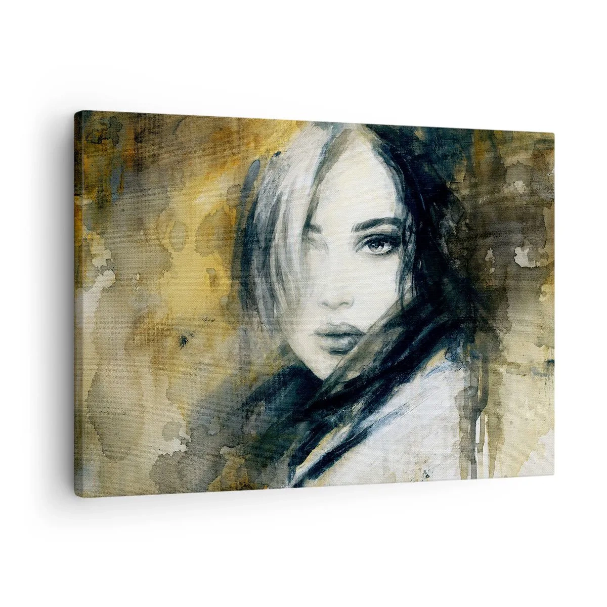 Canvastavla - Bild på duk - Porträtt av en kvinna mot en bakgrund av abstrakta fläckar i beige nyanser - 70x50cm - Mera oskyldig eller sensuell? - Modern väggdekoration för vardagsrum och sovrum ARTTOR