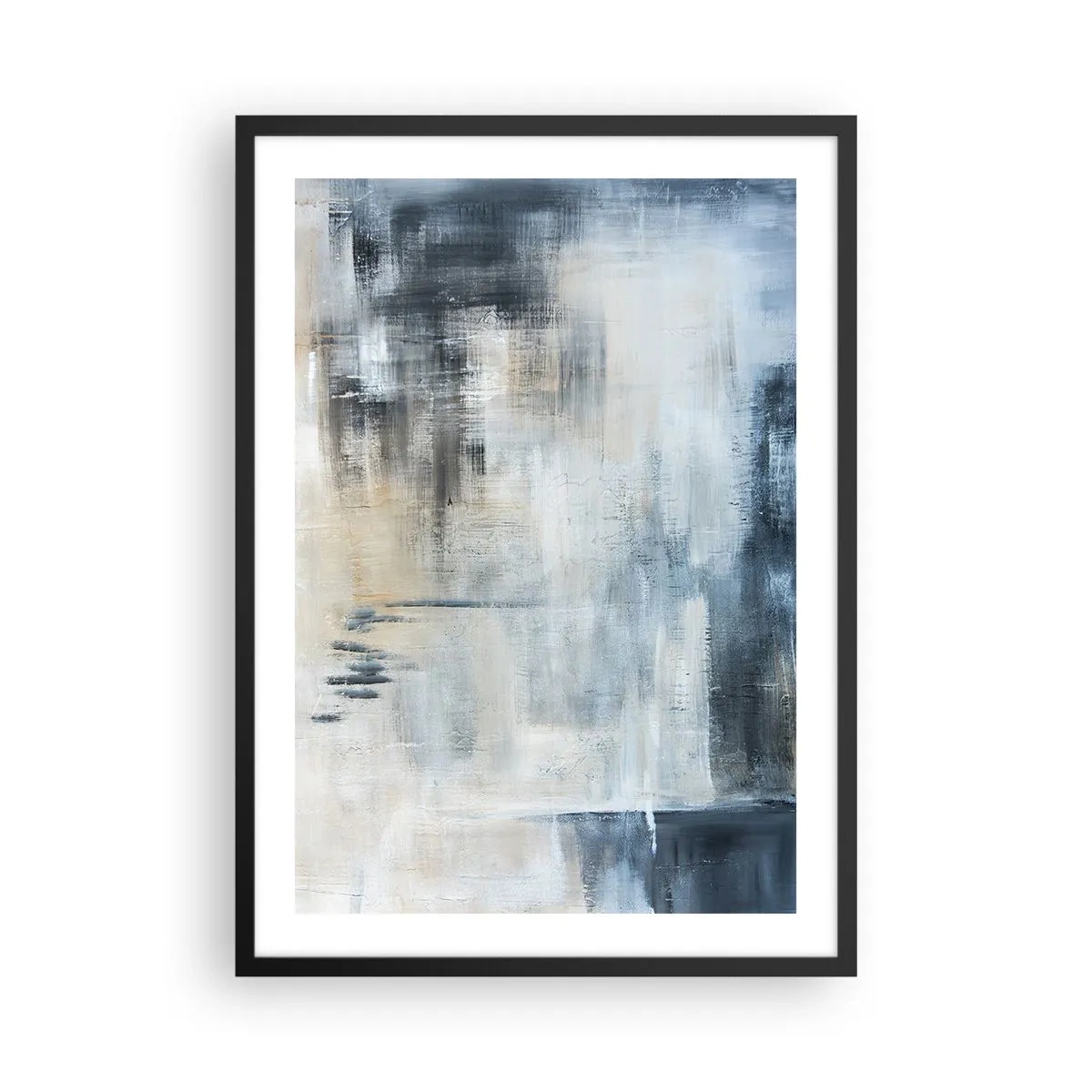 Affisch i svart ram - Abstrakt komposition i nyanser av blått och beige - 50x70cm - Bakom en blå slöja - Modern väggdekoration för vardagsrum och sovrum ARTTOR