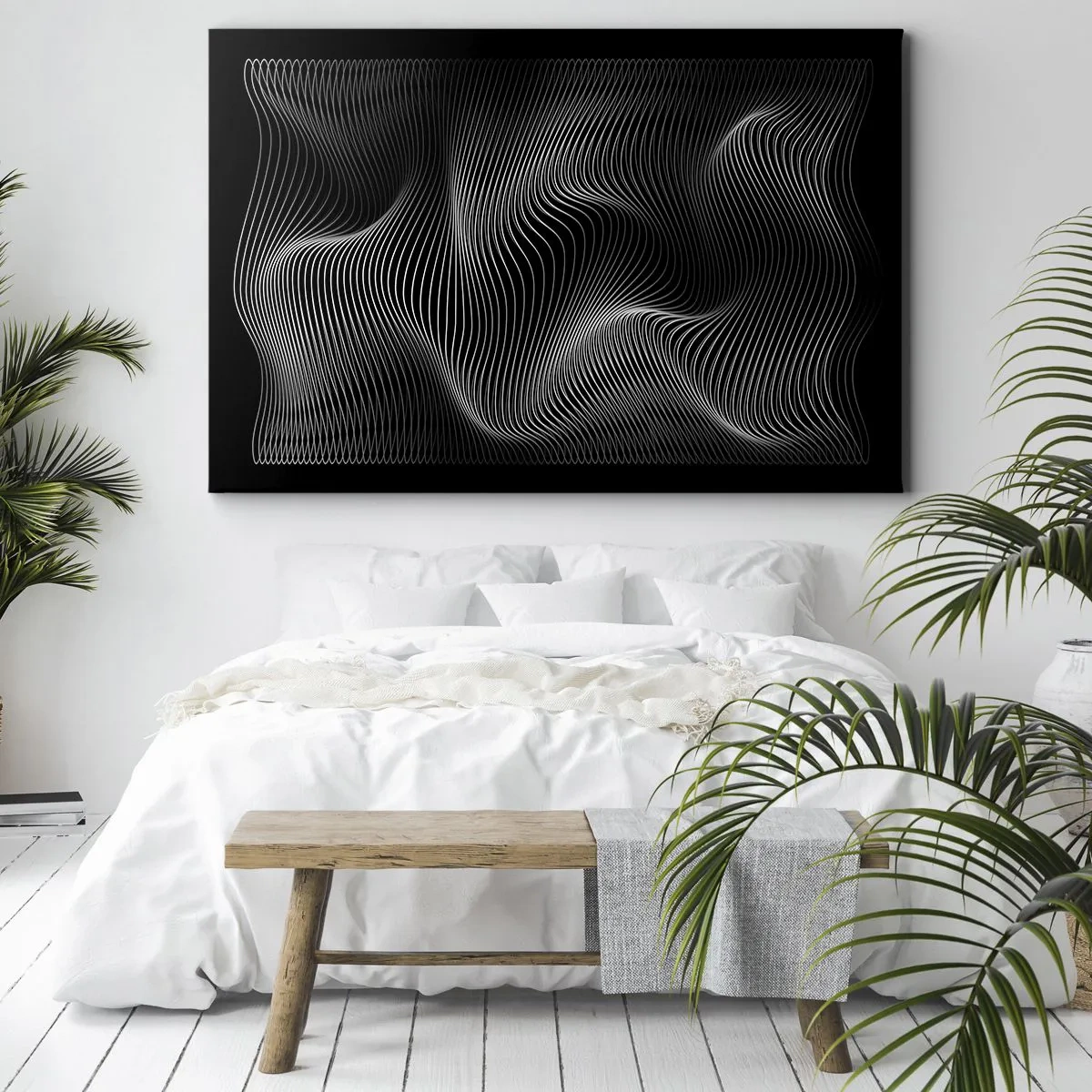 Canvastavla - Bild på duk - Abstrakta vita linjer på svart bakgrund - 70x50cm - Ljusets dans i rymden - Modern väggdekoration för vardagsrum och sovrum ARTTOR