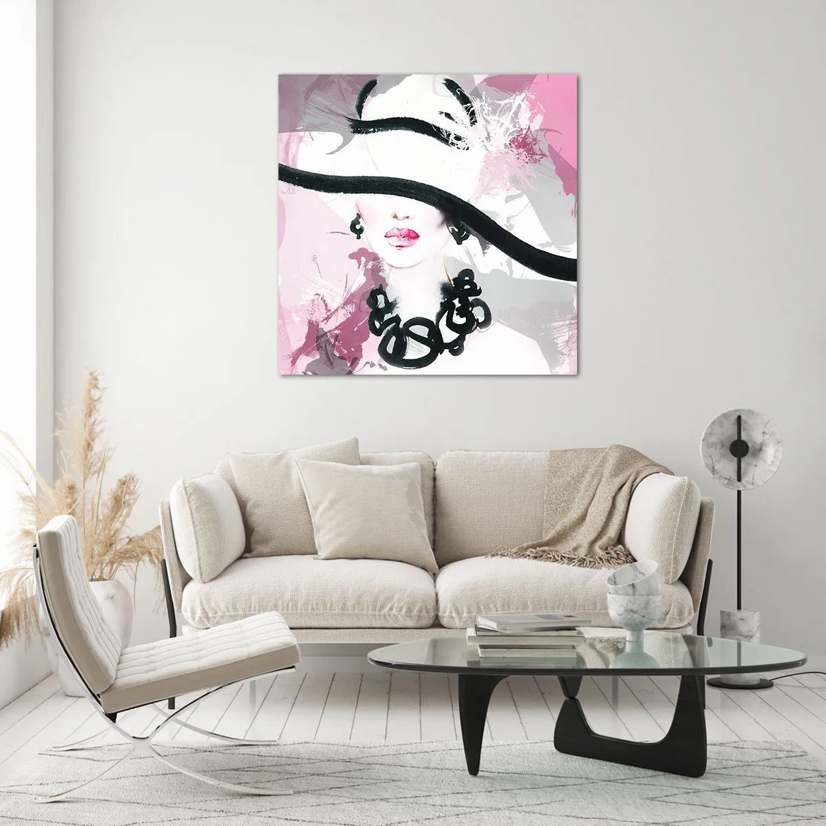 Glastavla - Bild på glas - En damportätt i svart och rosa - 60x60 cm