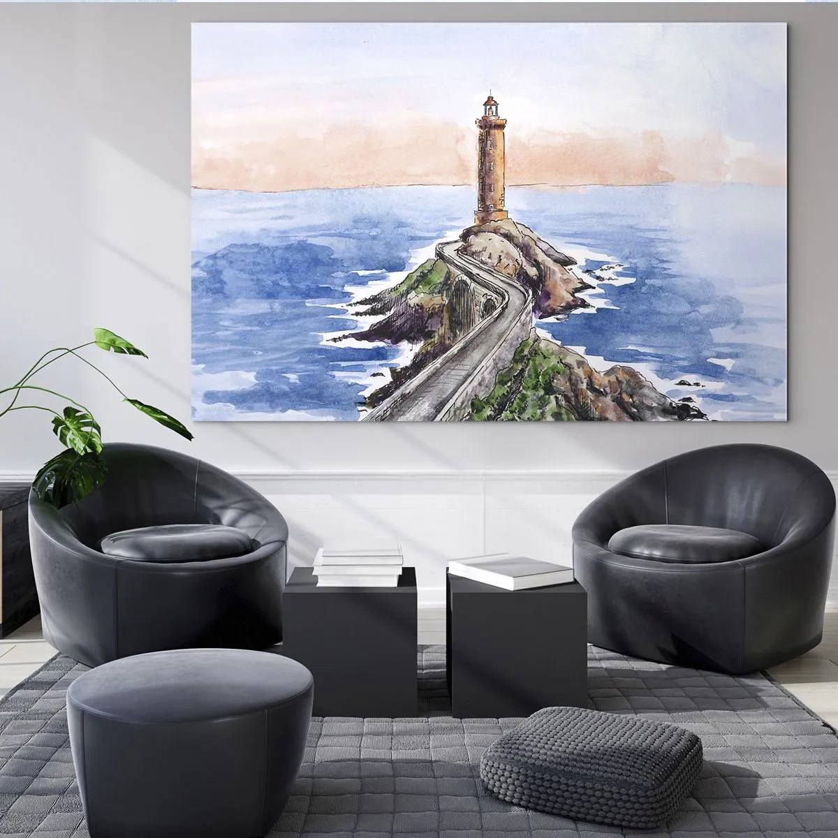 Glastavla - Bild på glas - En fyr på en klippig udde omgiven av ett lugnt hav - 70x50cm - Vänd mot havet - Modern väggdekoration för vardagsrum och sovrum ARTTOR