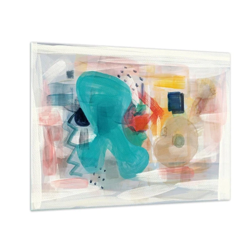 Glastavla - Bild på glas - En färgglad abstraktion med stänk av turkos, rött och beige. - 70x50cm - Ett färgglatt spel - Modern väggdekoration för vardagsrum och sovrum ARTTOR