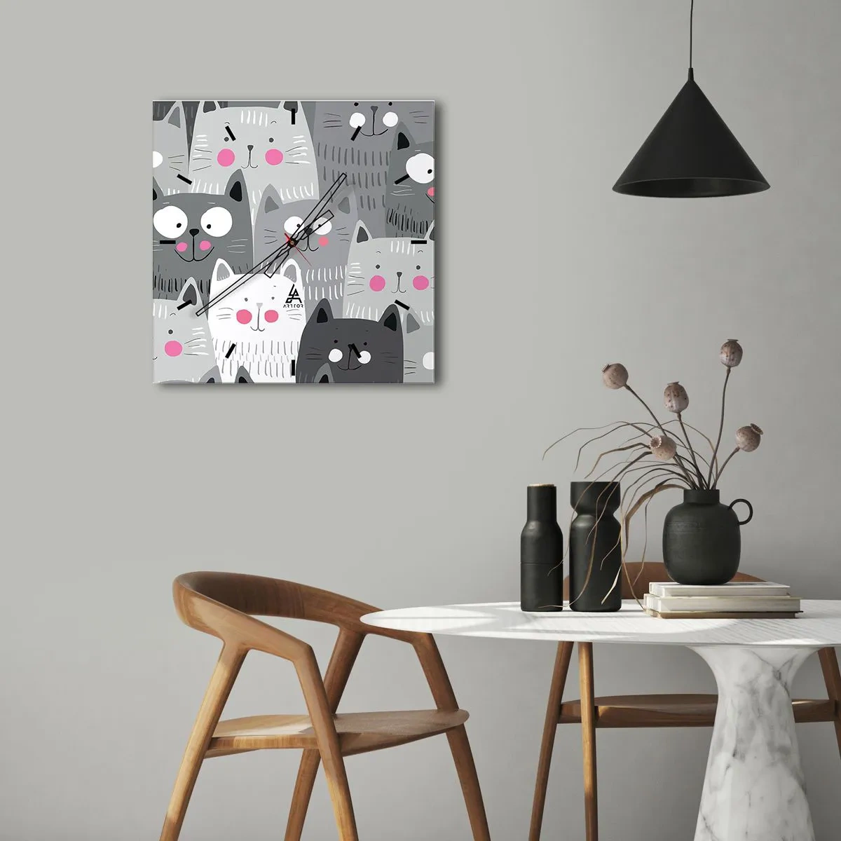 Väggklocka - Klocka på glas - Katternas värld - 40x40 cm