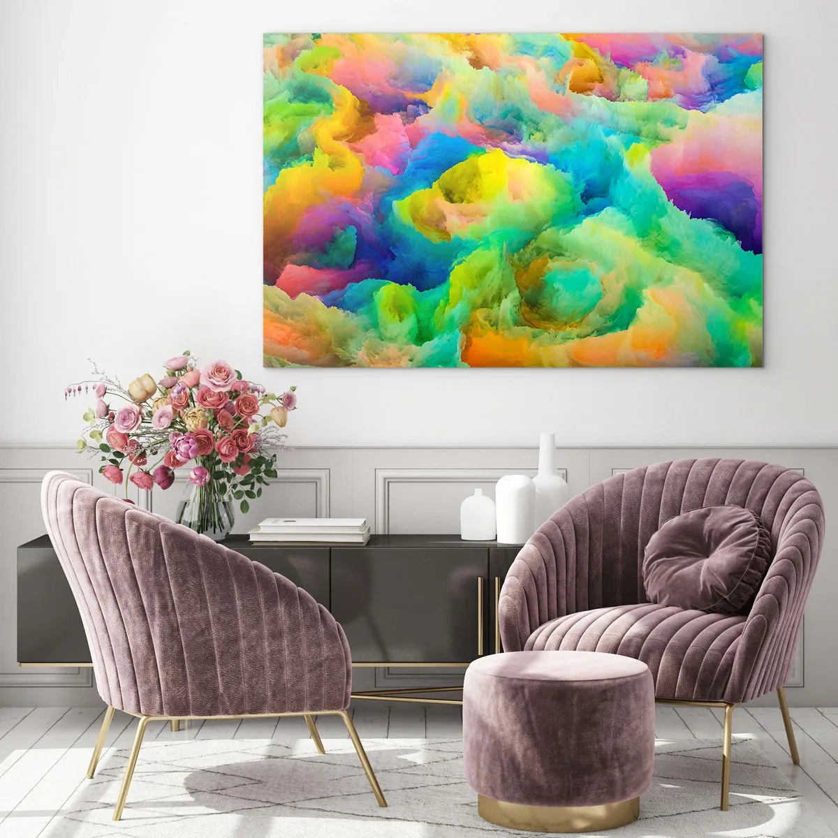 Glastavla - Bild på glas - Regnbågsdun - 120x80 cm