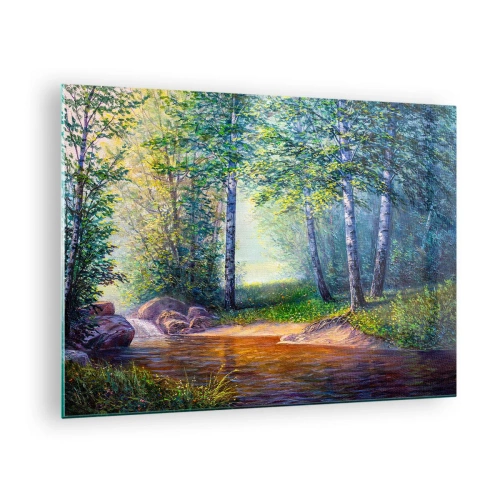 Glastavla - Bild på glas - En skogsbäck omgiven av träd i solens strålar - 70x50cm - Idyllisk vy - Modern väggdekoration för vardagsrum och sovrum ARTTOR
