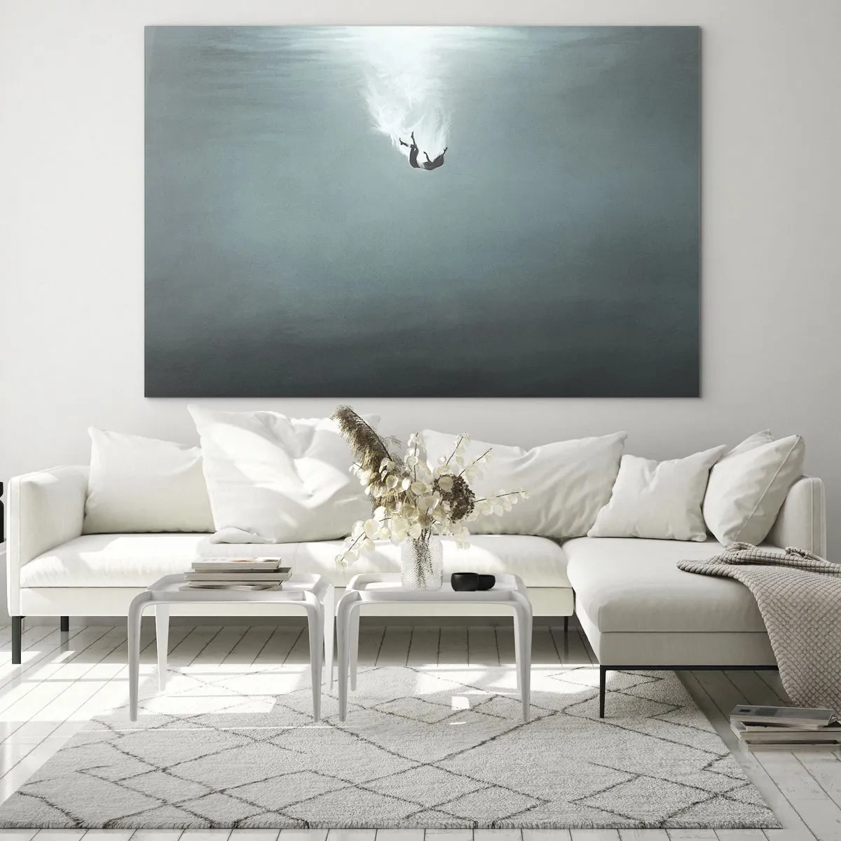 Glastavla - Bild på glas - Silhuetten av en man nedsänkt i havets blå djup - 70x50cm - I havets famn - Modern väggdekoration för vardagsrum och sovrum ARTTOR
