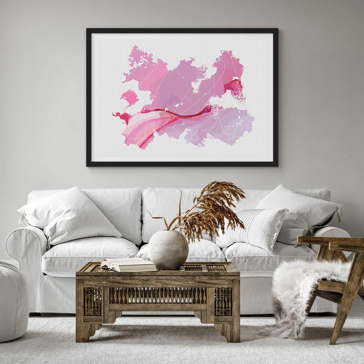 Affisch i svart ram - Karta över en rosa värld - 70x50 cm