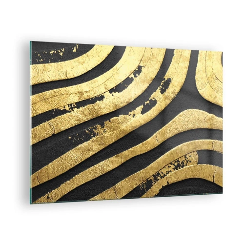 Glastavla - Bild på glas - Gyllene abstrakta linjer på svart bakgrund i glamorös stil - 70x50cm - Allt flyter - Modern väggdekoration för vardagsrum och sovrum ARTTOR