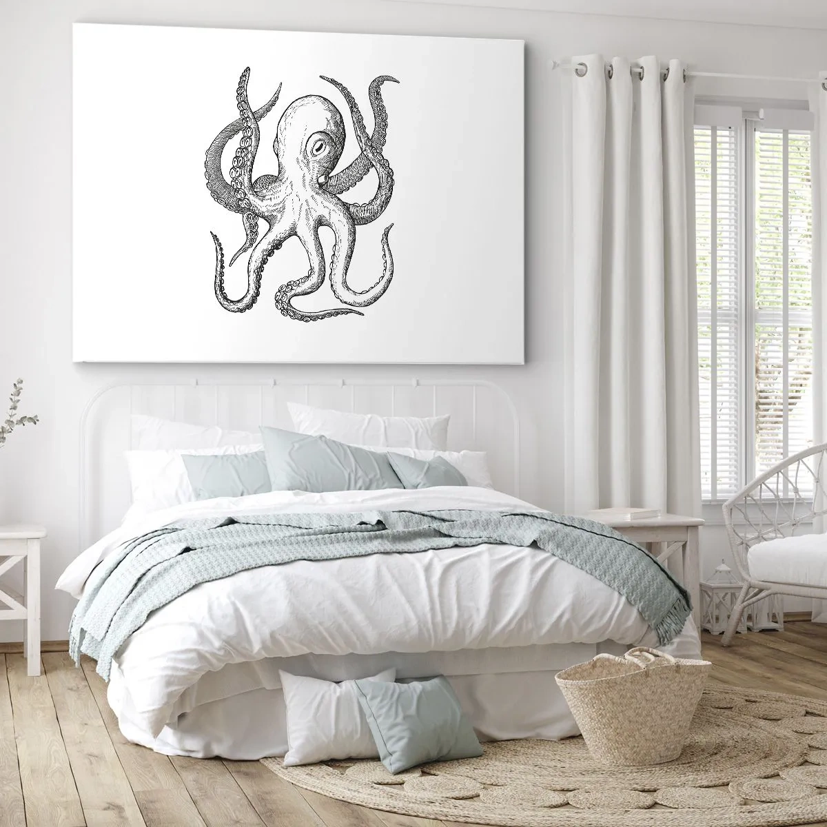 Canvastavla - Bild på duk - Svartvit teckning av en bläckfisk på vit bakgrund i vintagestil - 70x50cm - Dansar med vågorna - Modern väggdekoration för vardagsrum och sovrum ARTTOR