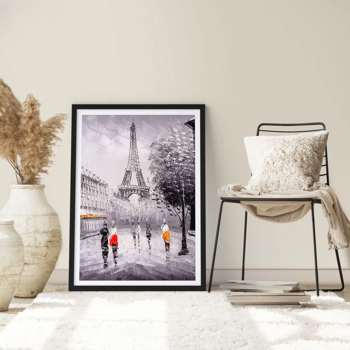 Affisch i svart ram - Eiffeltornet med gatubilden en regnig dag - 50x70cm - Promenad i Paris - Modern väggdekoration för vardagsrum och sovrum ARTTOR