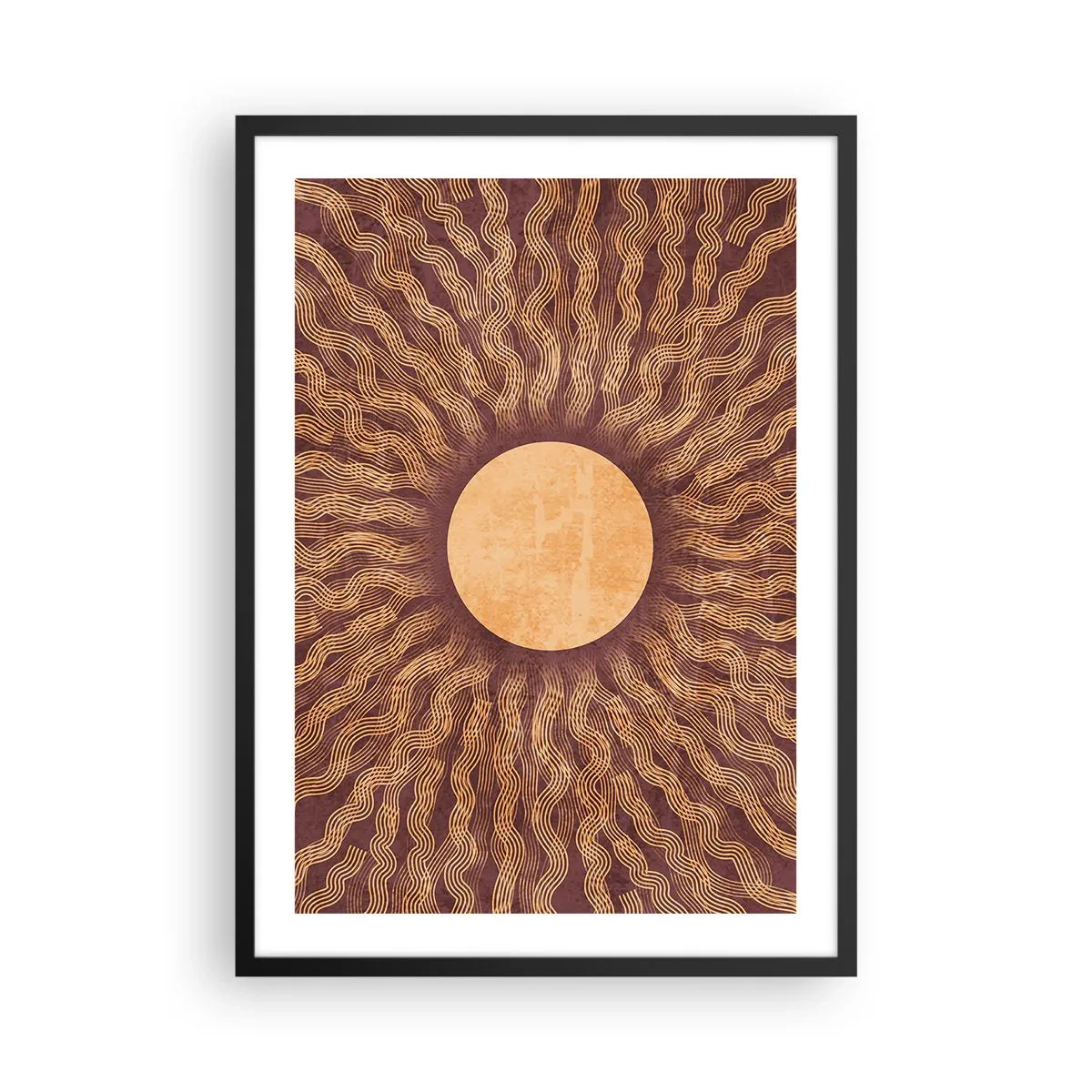 Affisch i svart ram - Stiliserad sol med strålar i nyanser av guld och brunt - 50x70cm - Solikon - Modern väggdekoration för vardagsrum och sovrum ARTTOR