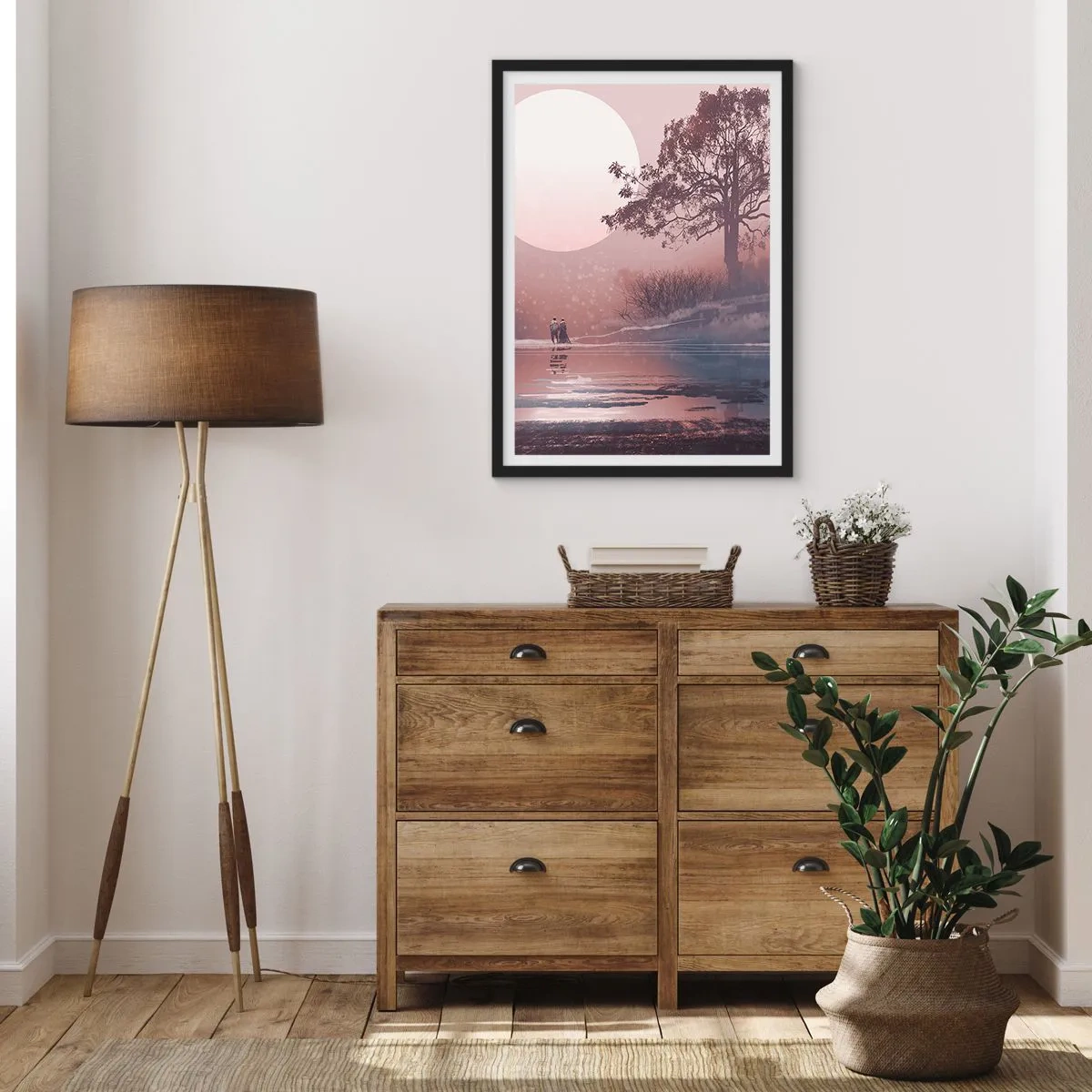 Affisch i svart ram - Romantiskt landskap med månen och ett träd vid vattnet - 50x70cm - Nattens under - Modern väggdekoration för vardagsrum och sovrum ARTTOR