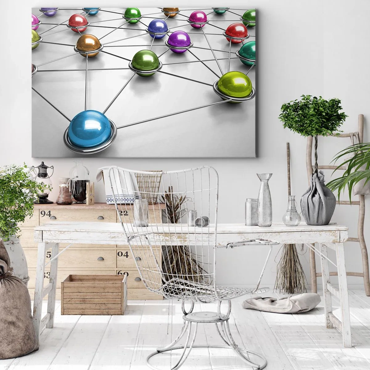 Canvastavla - Bild på duk - Färgglada bollar sammankopplade med tunna linjer på en vit bakgrund - 70x50cm - Rymdens spindelnät - Modern väggdekoration för vardagsrum och sovrum ARTTOR