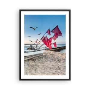Affisch i svart ram - Fiskebåt med röda flaggor på stranden - 50x70cm - Välförtjänt vila - Modern väggdekoration för vardagsrum och sovrum ARTTOR