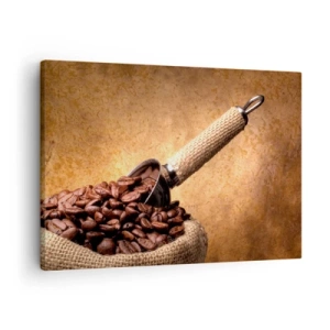Canvastavla - Bild på duk - Kaffebönor i en jutepåse med en metallsked - 70x50cm - I smakens källor - Modern väggdekoration för vardagsrum och sovrum ARTTOR