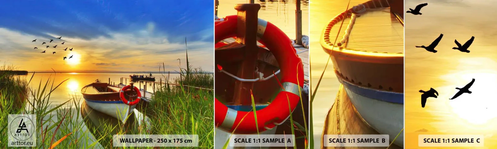 Provbit av självhäftande fototapet Deluxe Sticker - Storskarvarna drar iväg - Landskap, Sjö, Solnedgång - 100x30 cm