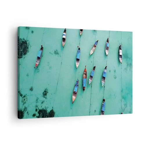 Canvastavla - Bild på duk - Fågelperspektiv på båtar på turkost vatten - 70x50cm - Under en glad väntan - Modern väggdekoration för vardagsrum och sovrum ARTTOR