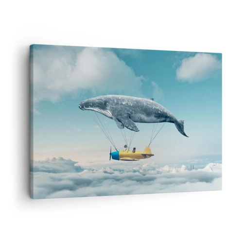 Canvastavla - Bild på duk - En flygande val bär ett flygplan i en surrealistisk miljö. - 70x50cm - Varför inte? - Modern väggdekoration för vardagsrum och sovrum ARTTOR
