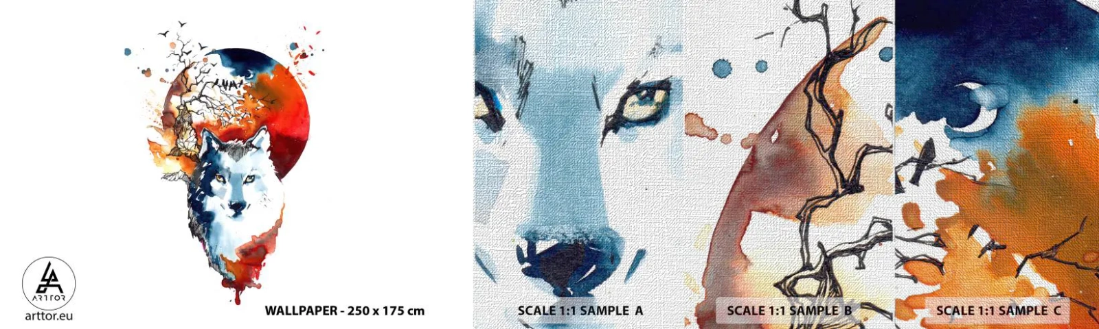 Provbit av fototapet Premium Canvas - Näsa mot näsa med naturen - Abstraktion, Djur, Varg - 100x30 cm