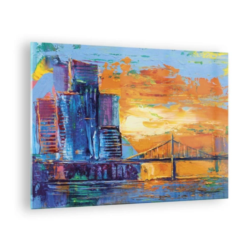 Glastavla - Bild på glas - Den färgglada staden och bron i skenet av den nedgående solen - 70x50cm - Kultur och natur - Modern väggdekoration för vardagsrum och sovrum ARTTOR