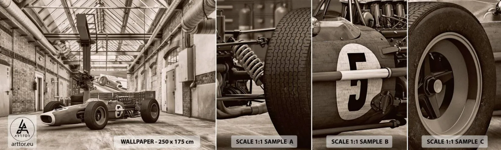 Provbit av självhäftande fototapet Deluxe Sticker - Segrarens vila - Formel 1, Retro, Bil - 100x30 cm