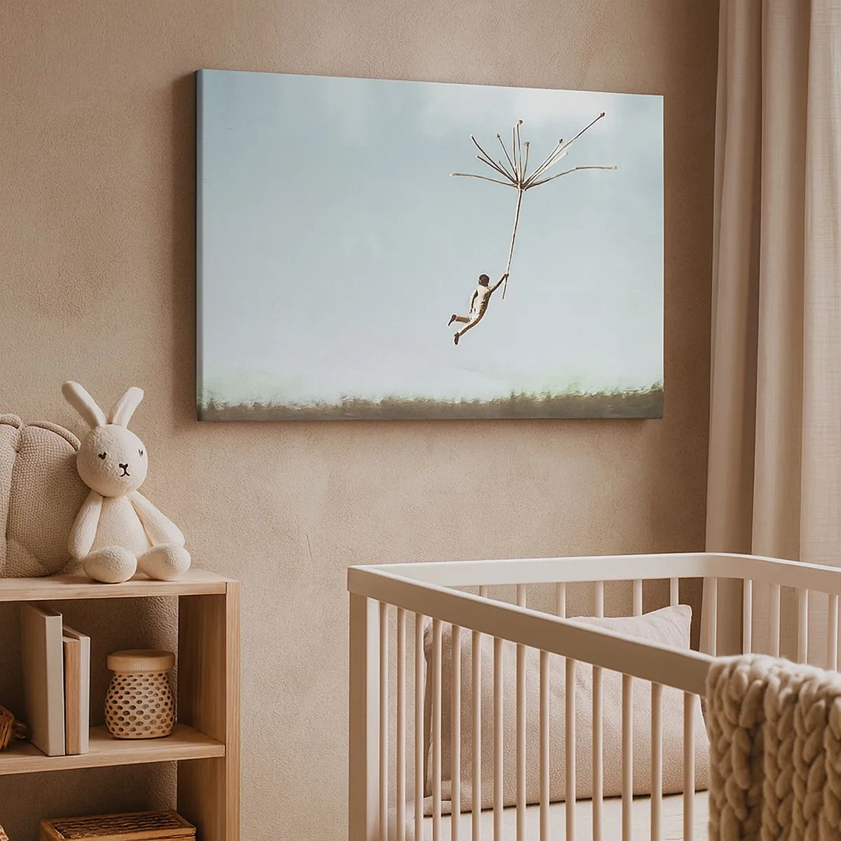 Canvastavla - Bild på duk - En figur lyft av ett stort maskrosfrö - 70x50cm - Drakar, maskrosor, vind - Modern väggdekoration för vardagsrum och sovrum ARTTOR