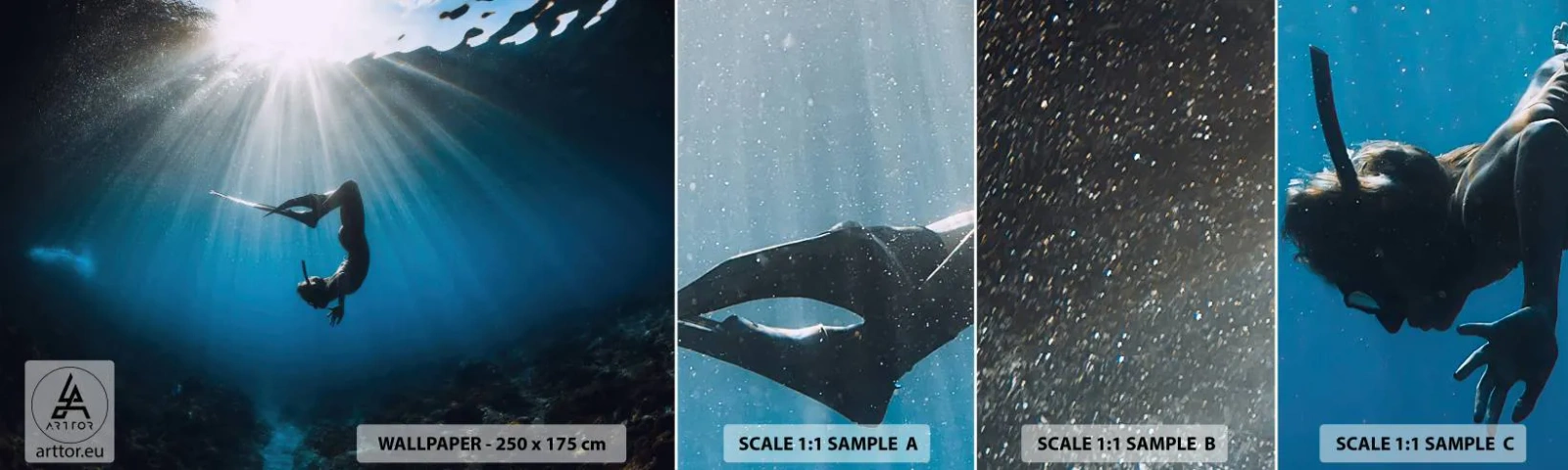 Fototapet Prov Standard Eco - Undervattendans - Undervattensgrotta, Solens strålar, Dykning - 100x30 cm