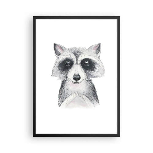 Affisch i svart ram - En söt tvättbjörn avbildad på en vit bakgrund - 50x70cm - En stund för känslor - Modern väggdekoration för vardagsrum och sovrum ARTTOR