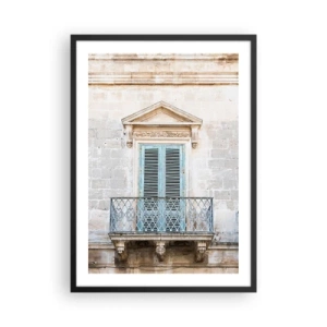 Affisch i svart ram - Historisk balkong med blå fönsterluckor i medelhavsstil - 50x70cm - Italiens unika charm - Modern väggdekoration för vardagsrum och sovrum ARTTOR