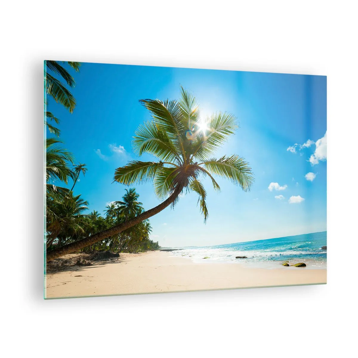 Glastavla - Bild på glas - Tropisk strand med palmer och blå himmel - 70x50cm - Visa inte för någon - Modern väggdekoration för vardagsrum och sovrum ARTTOR