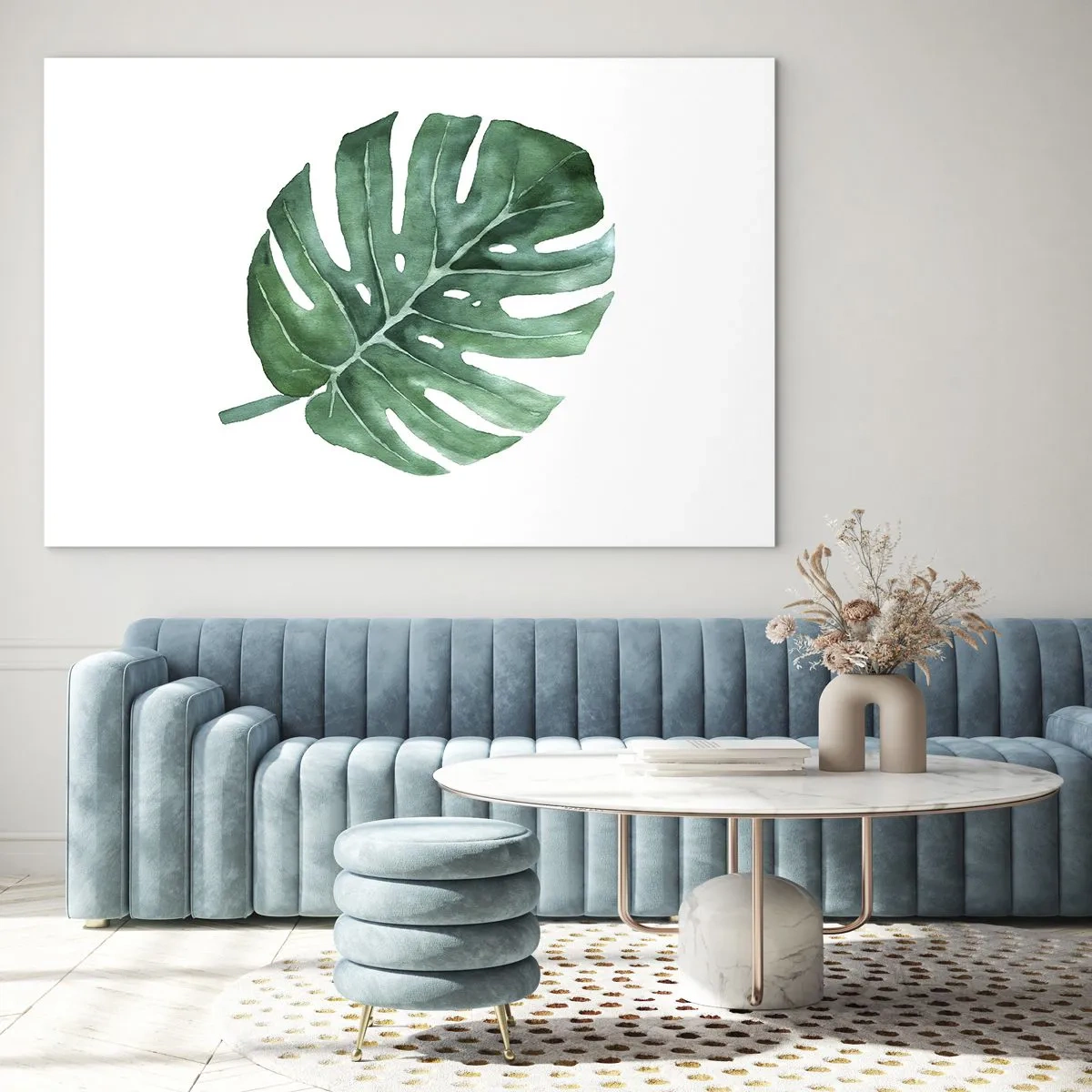Glastavla - Bild på glas - Grönt monsterablad på en vit bakgrund - 70x50cm - Grönt koncept - Modern väggdekoration för vardagsrum och sovrum ARTTOR