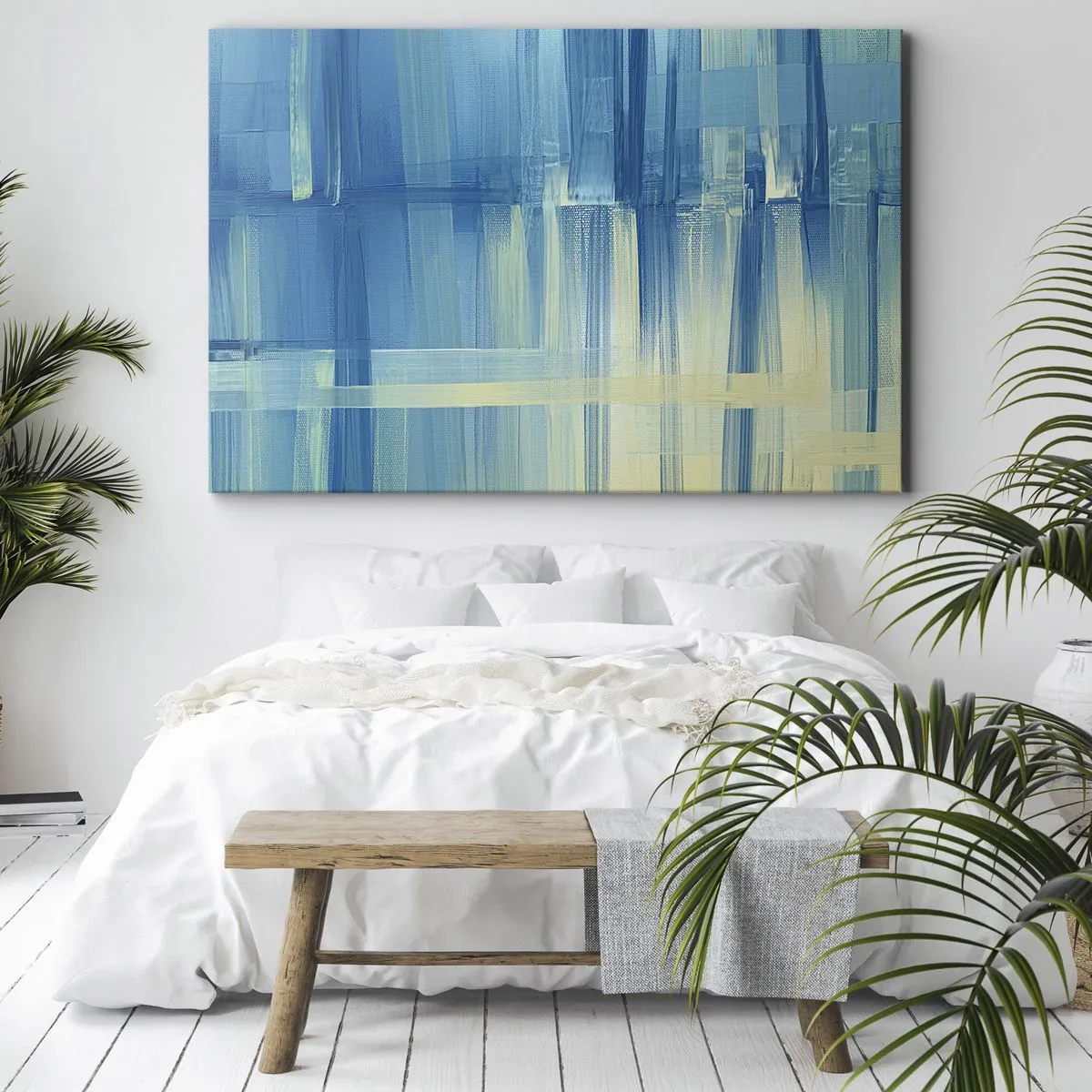Canvastavla - Bild på duk - En abstrakt målning i nyanser av turkos och blått med geometriska penseldrag. - 70x50cm - Komposition i turkos - Modern väggdekoration för vardagsrum och sovrum ARTTOR