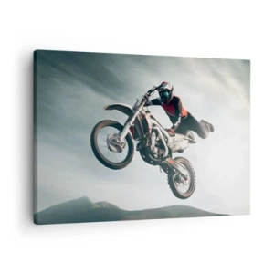 Canvastavla - Bild på duk - Motorcyklist i luften under ett hopp - 70x50cm - No risk, no fun - Modern väggdekoration för vardagsrum och sovrum ARTTOR