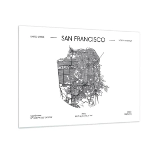 Glastavla - Bild på glas - En minimalistisk gatukarta över San Francisco - 70x50cm - San Franciscos anatomi - Modern väggdekoration för vardagsrum och sovrum ARTTOR