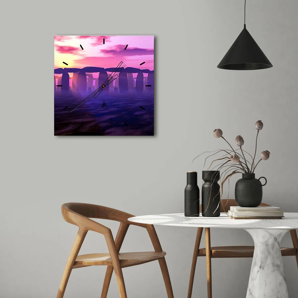 Väggklocka - Klocka på glas - Gryningens hemlighet i dimma - 30x30 cm