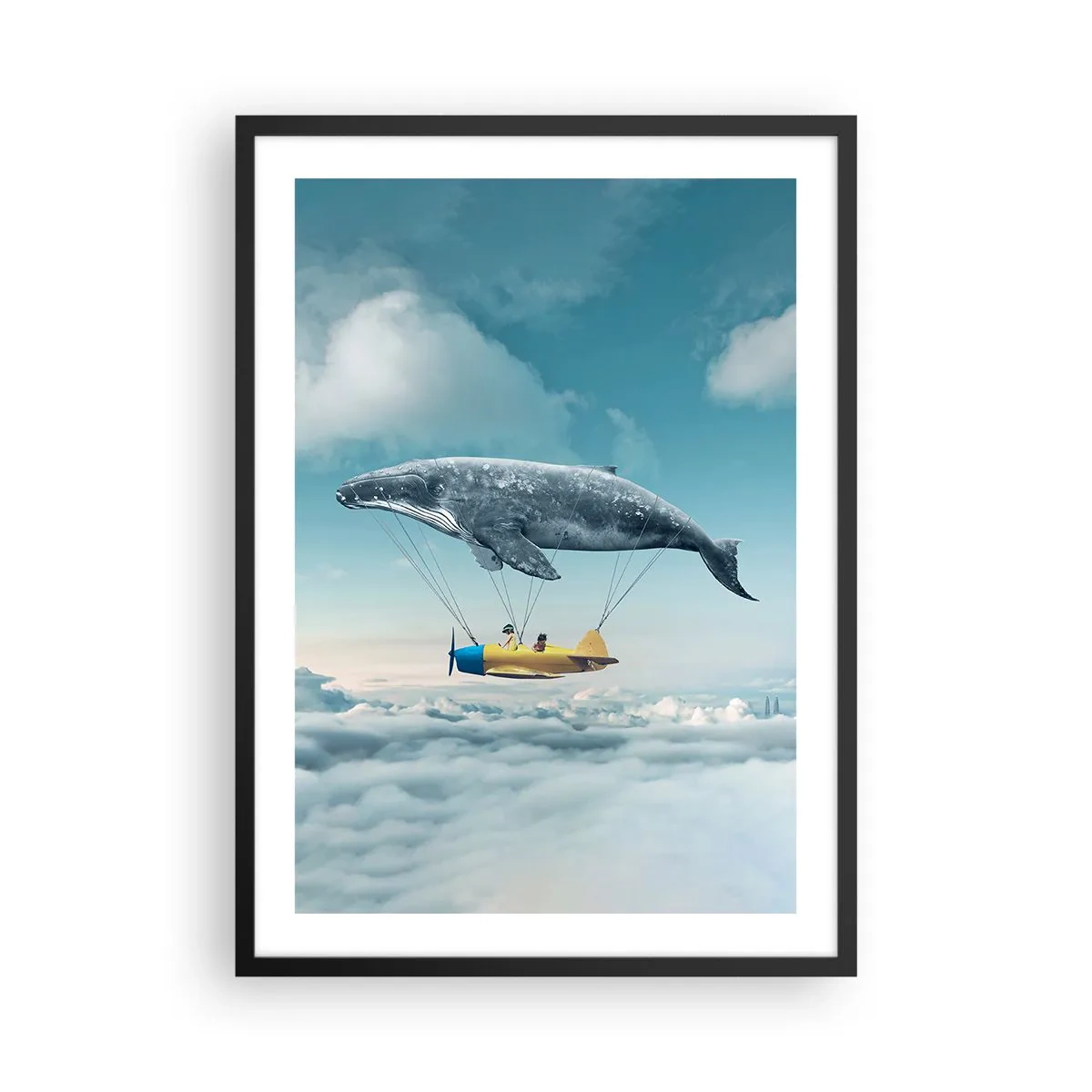 Affisch i svart ram - En fantastisk bild på en val som lyfter ett flygplan över molnen. - 50x70cm - Varför inte? - Modern väggdekoration för vardagsrum och sovrum ARTTOR