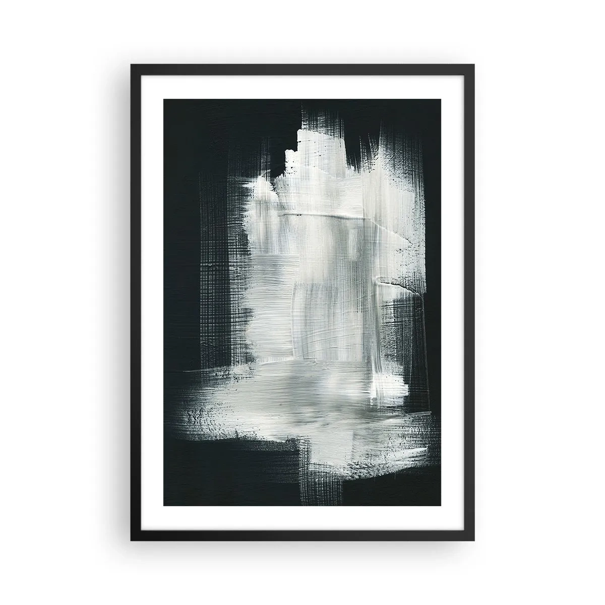 Affisch i svart ram - Abstrakt komposition i vitt mot en mörk bakgrund - 50x70cm - Vävd av det vertikala och horisontella - Modern väggdekoration för vardagsrum och sovrum ARTTOR