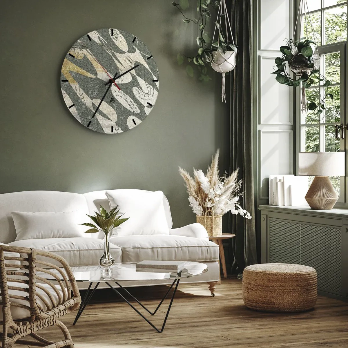 Väggklocka - Klocka på glas - Rytmisk abstraktion - 40x40 cm