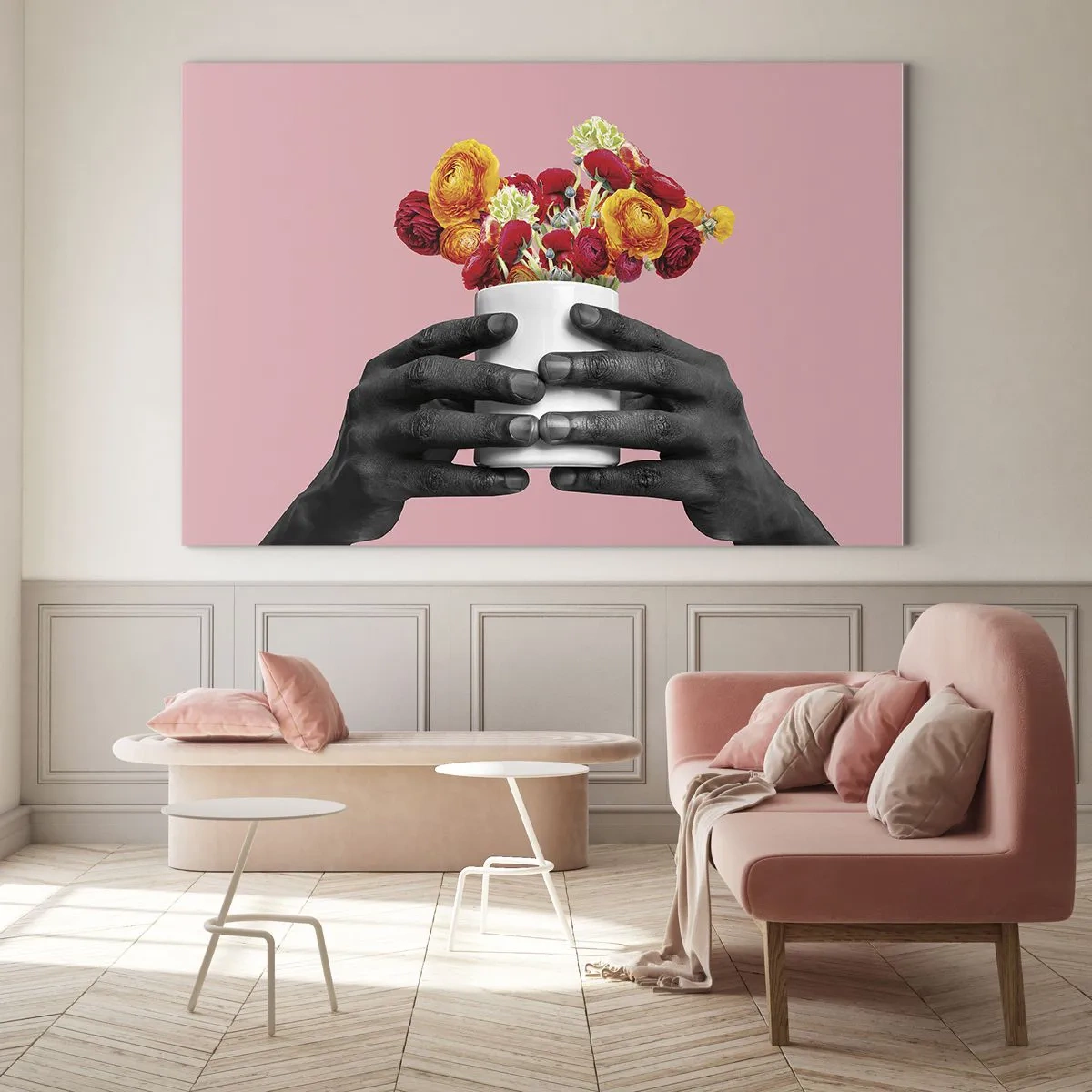 Glastavla - Bild på glas - Svarta och vita händer som håller en färgglad blombukett - 70x50cm - Livets apoteos - Modern väggdekoration för vardagsrum och sovrum ARTTOR
