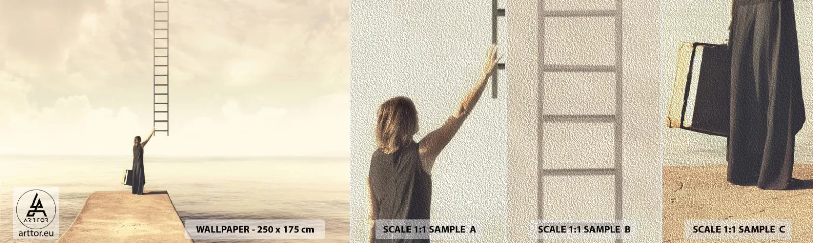Provbit av fototapet Premium Sand - Magisk resa - Abstraktion, Kvinna, Stege - 100x30 cm